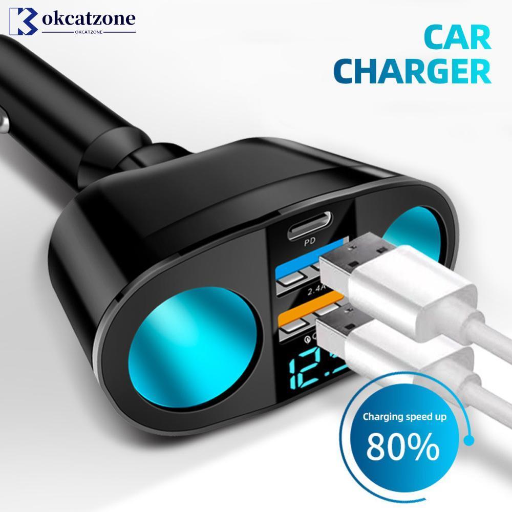 OKCATZONE รถซ็อกเก็ต Splitter สีฟ้าบรรยากาศ PD QC3.0 2 USB Charger C พอร์ตสําหรับโทรศัพท์มือถือ DVR 
