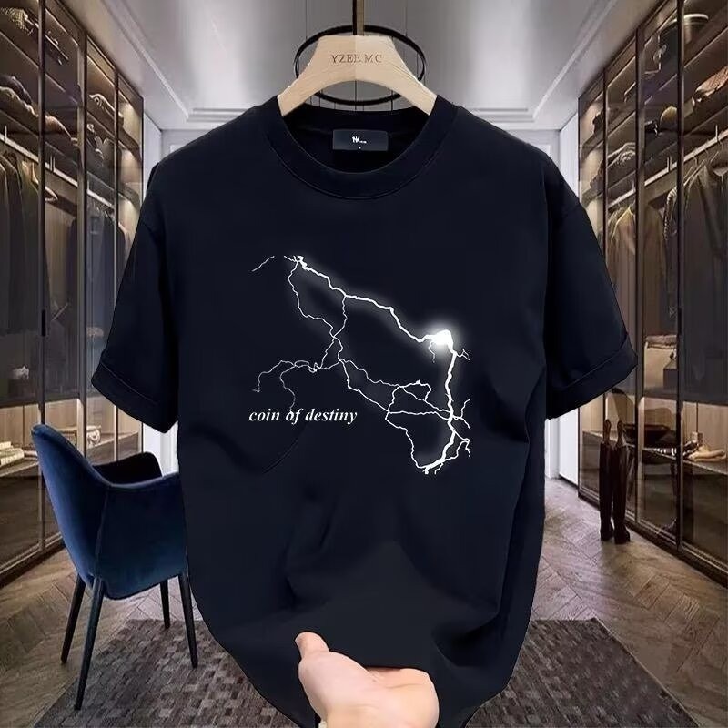 2026 ที่ไม่ซ้ํากัน Lightning พิมพ์ผ้าฝ้ายแท้แขนสั้นเสื้อยืดผู้ชายฤดูร้อน ins Street Wear Street รอบค