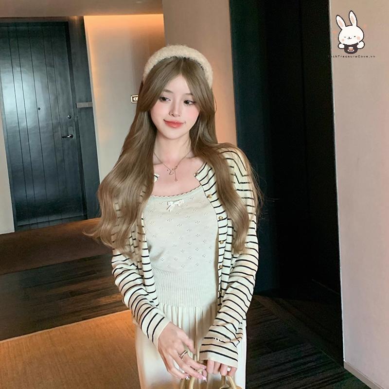 [Teh] ผู้หญิงลายกระดุมแถวเดียว O-คอยาวแขนยาวบาง Casual Daily Chic คาร์ดิแกน [VN]