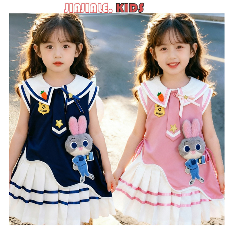 1-12yrs Kids Zootopia Judy Hopps Dress | กระโปรงจีบแขนกุดคอปกสีกรมท่าชุดฤดูร้อนระบายอากาศสําหรับเด็ก