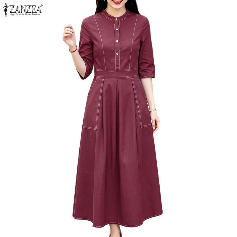 ZANZEA ผู้หญิงเกาหลีวินเทจลําลองคอตั้งกลางแขนครึ่งกระดุมสีตัดกัน Midi Shirtdresses — صورة 6