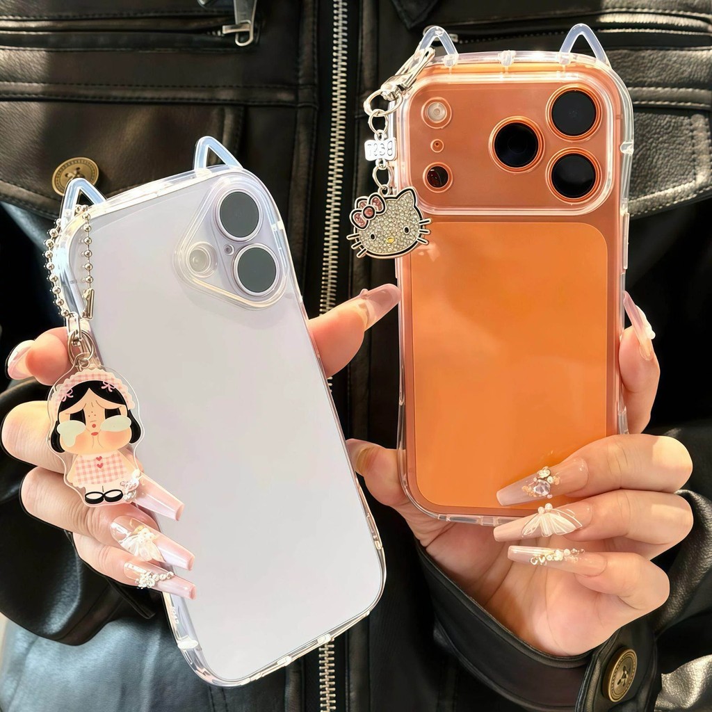 หูแมวน่ารักโปร่งใสกรณีเคสโทรศัพท์สําหรับ IPhone 17 12 13 14 15 16 E Pro Max 11 7 Xr X Xs Max กันกระแทกกันชนกรณีฝาครอบ