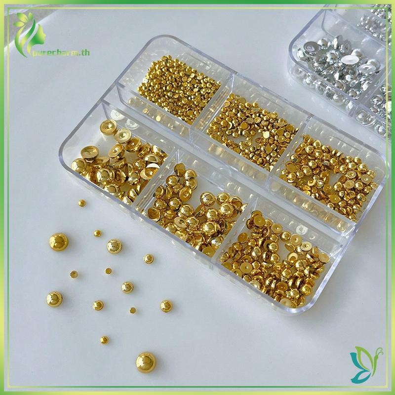 [ความงาม] 6 กริด 3d Gold Silver Half Round Ball Charm Nail Art Studs โลหะ Rivets ตกแต่งเล็บสําหรับเล็บ {ขาย}