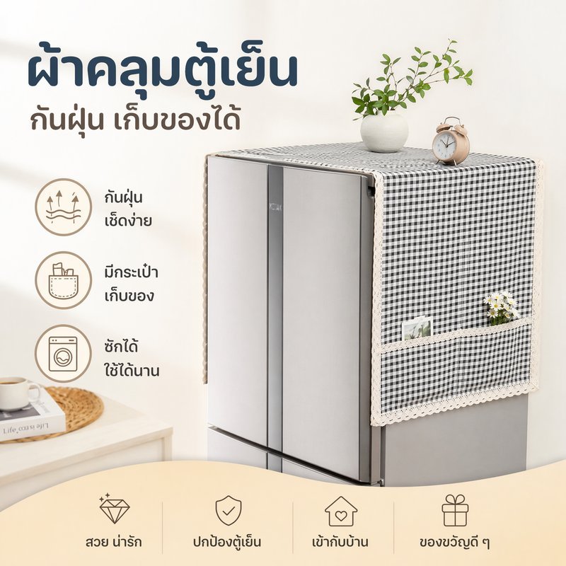 ผ้าคลุมตู้เย็น ผ้าคลุมเครื่องซักผ้า กันฝุ่น ซักได้ โพลีเอสเตอร์ มีช่องเก็บของ ลายแจ็คการ์ด