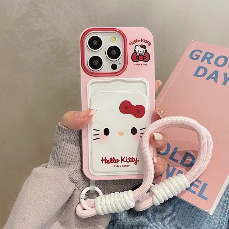 Hello Kitty Emoji Card Pack 15promax เคสโทรศัพท์ iPhone16 รูขนาดใหญ่ 13 Soft 12 สายรัดข้อมือ Lanyard