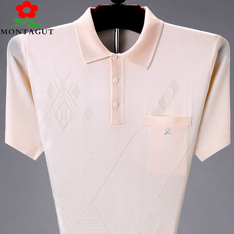 เสื้อยืด Montagut ของแท้สำหรับผู้ชาย ทำจากผ้าไหมหม่อน สไตล์เหมาะกับวัยกลางคน และมาพร้อมกระเป๋า