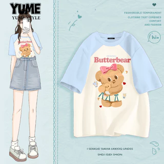 YUME🌸เสื้อสีดํา oversizeการบล็อกสีแบบแร็กแลน ผ้าCotton100% แขนสั้น ใส่สบาย ไม่ต้องรีด ลาย "BUTTERBEAR"【COD】