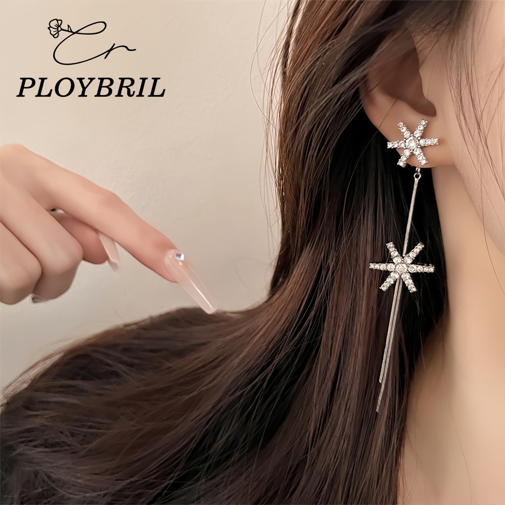 PLOYBRIL แสงหรูหรา Classy Snowflake ต่างหูพู่หญิงยาวเงินเฉพาะสไตล์เย็นต่างหูต่างหู E021
