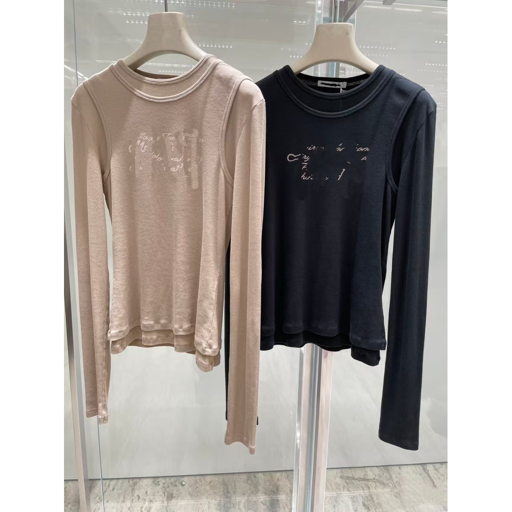 FJ9N AC Autumn New Fake Two-Piece T T-shirt Base Shirt Slim Fit Letter Print logo Long Sleeve Women