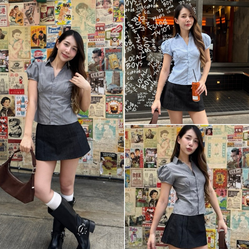 Luna Shop พร้อมส่ง เสื้อเชิ้ตลายทางแขนสั้นแฟชั่นผู้หญิงฤดูร้อนใหม่ กระดุมหน้า สายฝอ สวมใส่สบาย