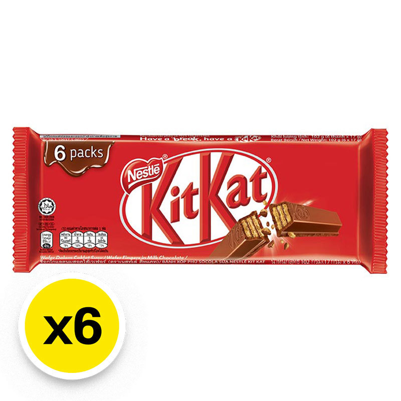 คิทแคท มัลติแพ็ค ช็อกโกแลตนมสอดไส้เวเฟอร์ 17 ก. x 6 (KITKAT Multipack Wafer Fingers In Milk Chocolat