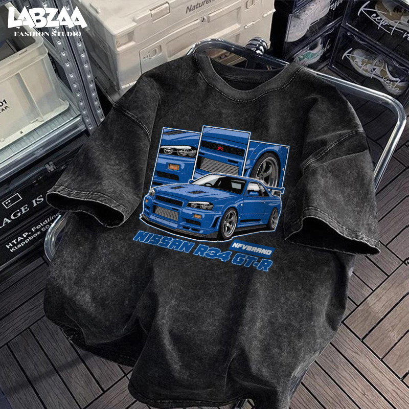 【จัดส่งตลอด 24 ชั่วโมง】LABZAA ใหม่ล่าสุด✨ลายพิมพ์รถยนต์สีน้ำเงิน แขนสั้น คอกลม เสื้อยืด แฟชั่น ผู้ชาย oversize YG3708