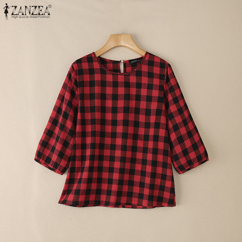ZANZEA ซานเซีย เสื้อย้อมยุคสำหรับผู้หญิง แขนยาวโคมไฟ ลายสก๊อต สไตล์เกาหลี