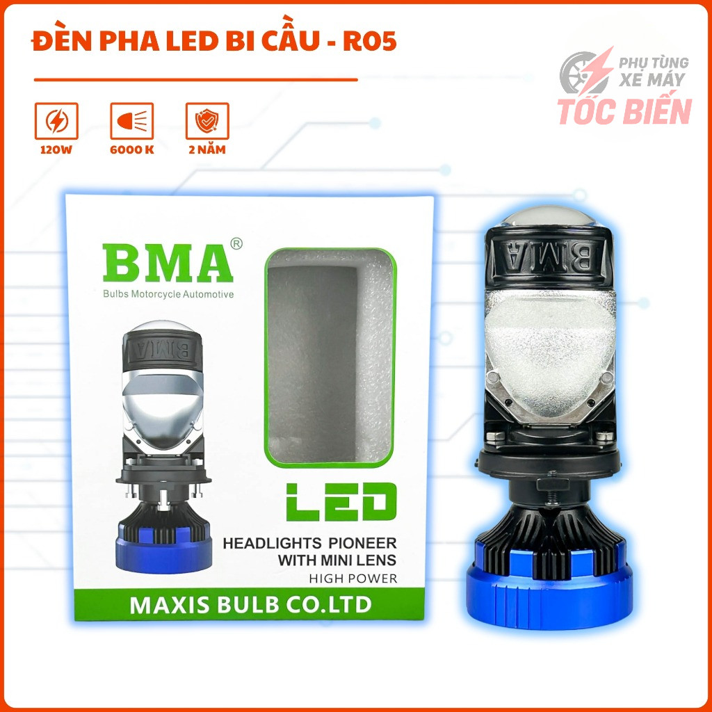 R05 BMA ไฟหน้า LED ทรงกลม Bi-S - ไฟทรงพลังพิเศษ 120W, ฐาน H4 เฉพาะในการติดตั้งรถยนต์, รถจักรยานยนต์ไ