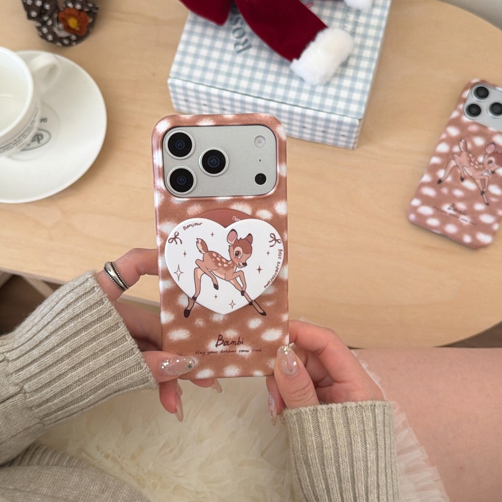[การ์ตูน Bambi Magnetic Bracket เคสโทรศัพท์] เหมาะสําหรับ iPhone 17 16 15 pro max 16pro 15pro 17 สีน้ําตาลลาย iPhone เคสแข็งป้องกัน