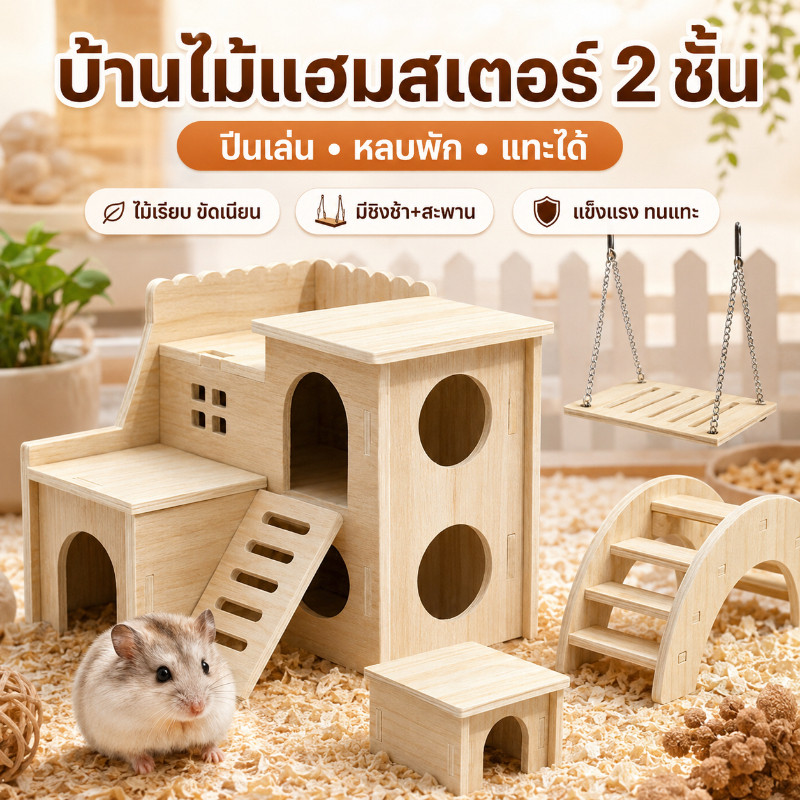 ✅บ้านไม้และของเล่น บ้าน2ชั้น แฮมเตอร์ สัตว์เลี้ยงขนาดเล็ก ทำจากไม้เคลือบลามิเนต คุณภาพดี คงทนเนื้อแข็ง