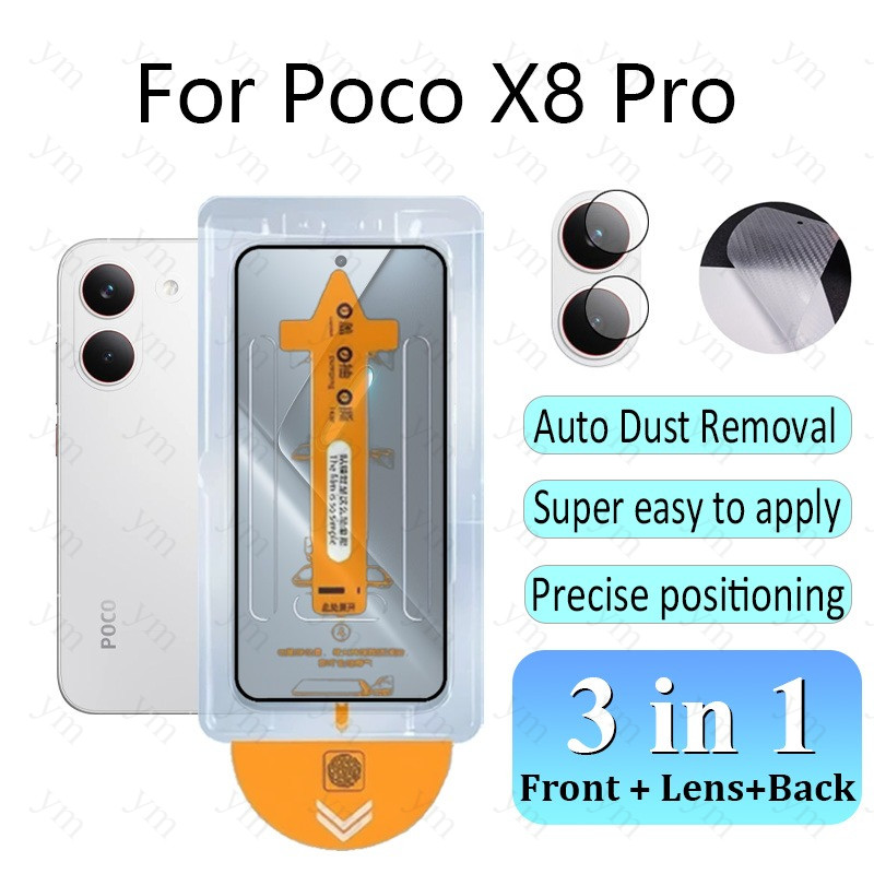 3 In 1 ฟิล์ม ฟิล์มกระจก Poco X8 Pro HD One-คลิกฝุ่นฟรีกระจกนิรภัยป้องกันหน้าจอฟิล์มสําหรับ Poco C85 
