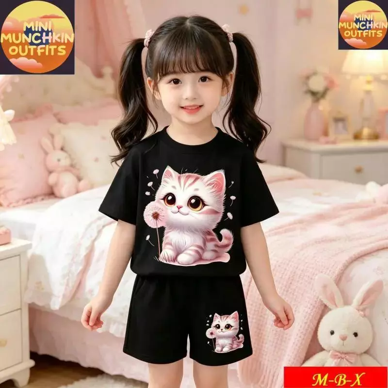 [COD]New!!!*2026-ชุดเสื้อยืดเด็กหญิง เสื้อยืดเด็กหญิง ชุดเสื้อเด็กหญิง เสื้อยืดเด็กหญิงชุดสั้น ลาย แมว ดอกหญ+（ชุดเสื้อยื