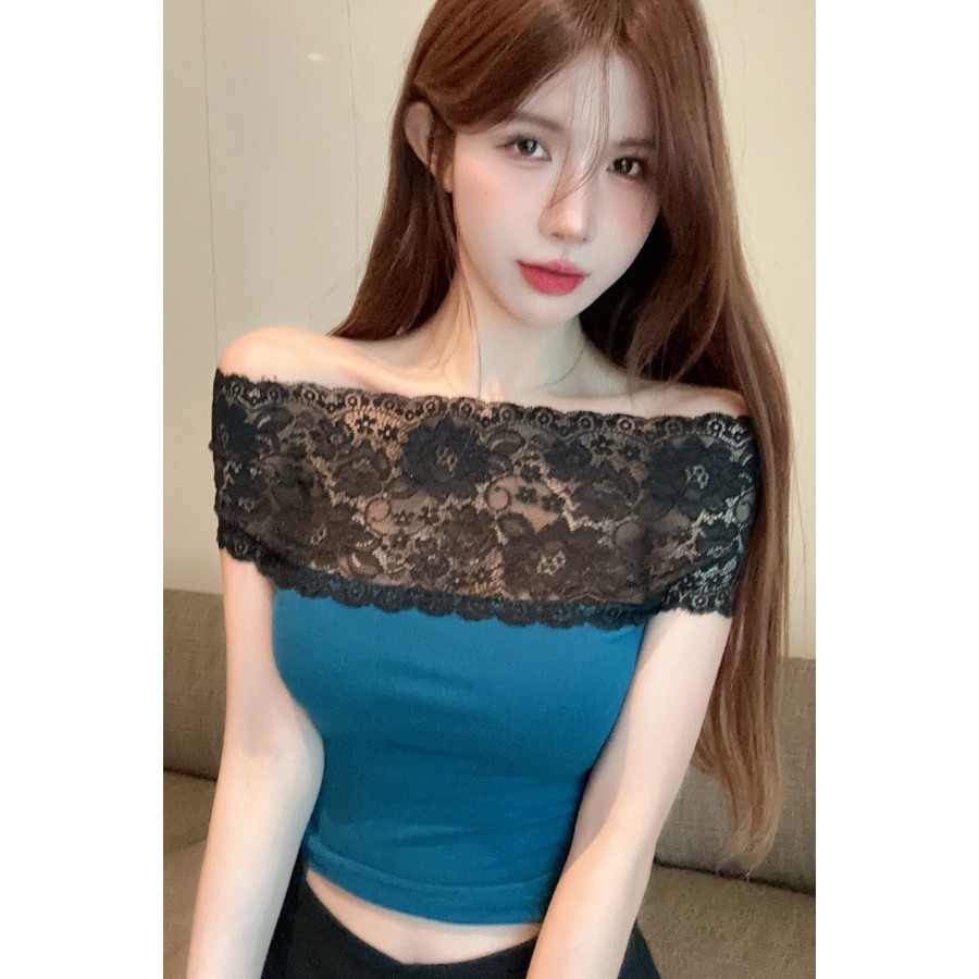 【ks0979.th】 蕾丝拼接一字短袖性感夏季小众设计显瘦修身辣妹T恤紧身短款上衣Lace patchwork short sleeved sexy summer niche desig 【0519