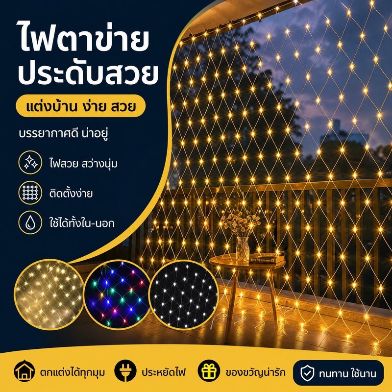 ไฟตาข่าย led ไฟตกแต่ง ไฟกระพริบ 8โหมด กันน้ำ เสียบปลั๊ก คริสต์มาส งานแต่ง ร้านค้า 220v