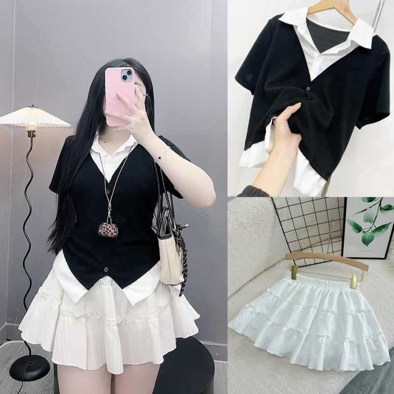 Set เสื้อเชิ้ตแขนสั้นผู้หญิงไซส์ใหญ่พร้อมกระโปรงทรงเอป้องกัน - SET(SM185+CV409)