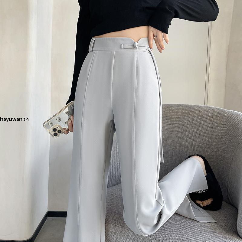 Creamystore กางเกงขากระบอกปลายม้านิดๆแต่งเข็มขัด ผ้ามีน้ำหนักทิ้งตัว งานป้ายPrisana