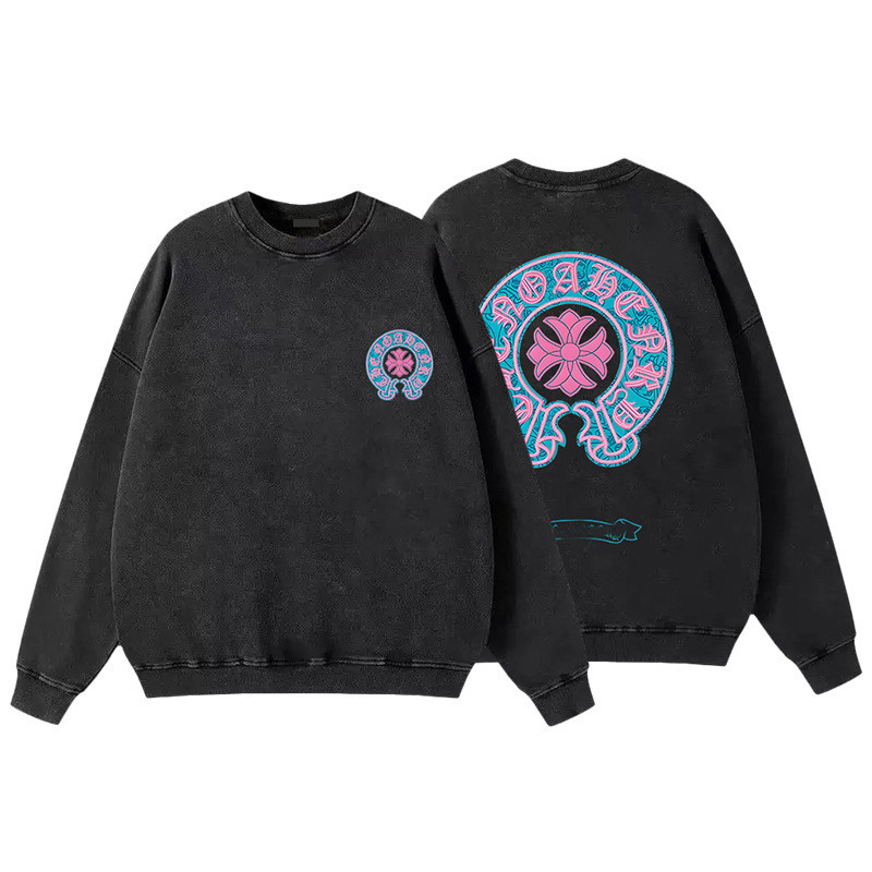 NP2J Chrome Hearts Cross Print Long Sleeve Couple Washed Fabric Crew Neck Sweatshirt