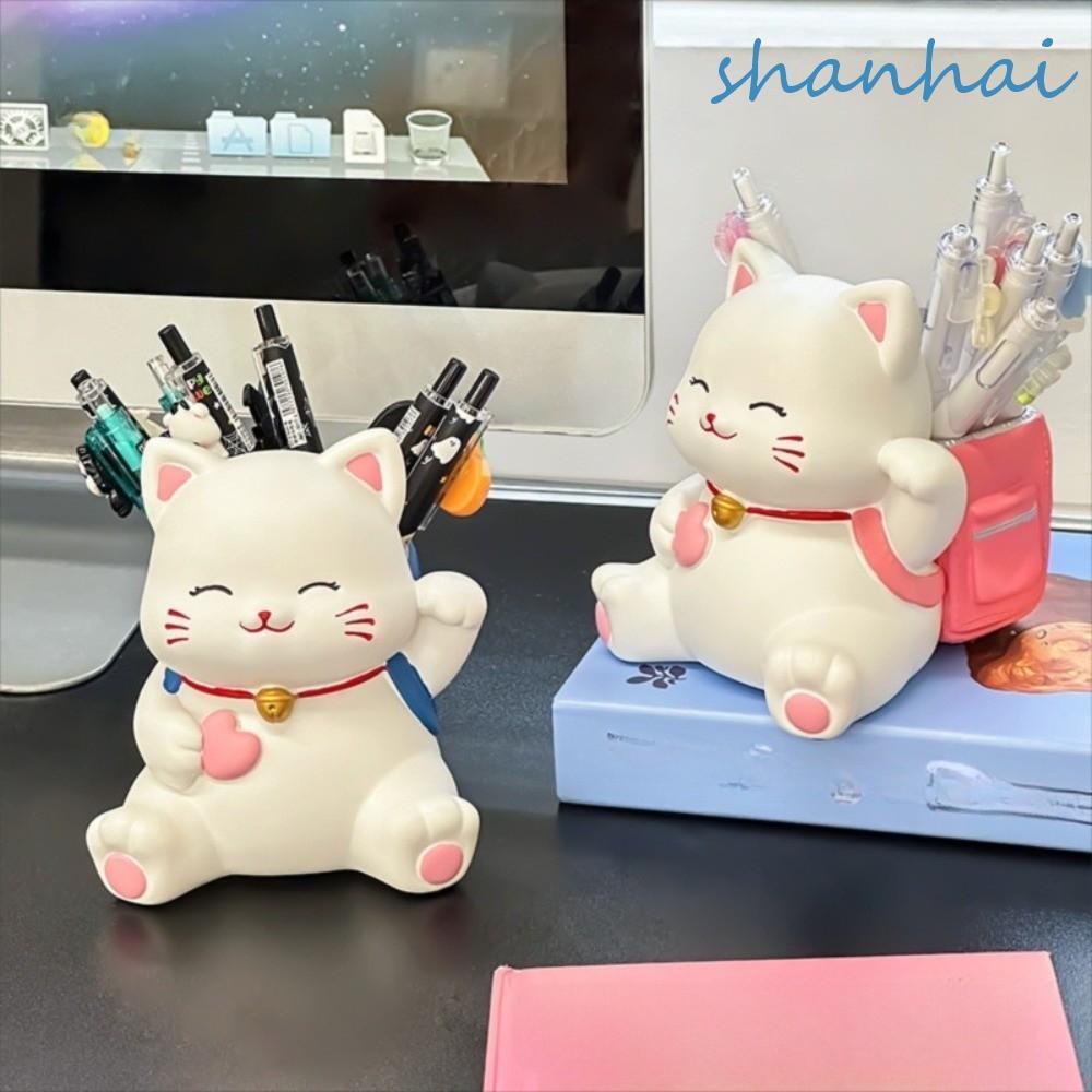 SHANHAI ที่ใส่ปากกาแมวขนาดเล็ก,การ์ตูนสร้างสรรค์แมวนําโชคเครื่องเขียนออแกไนเซอร์,แฟชั่นกล่องเก็บของอเนกประสงค์ความจุขนาดใหญ่สก์ท็อปการจัดเก็บเครื่องประดับอุปกรณ์สํา