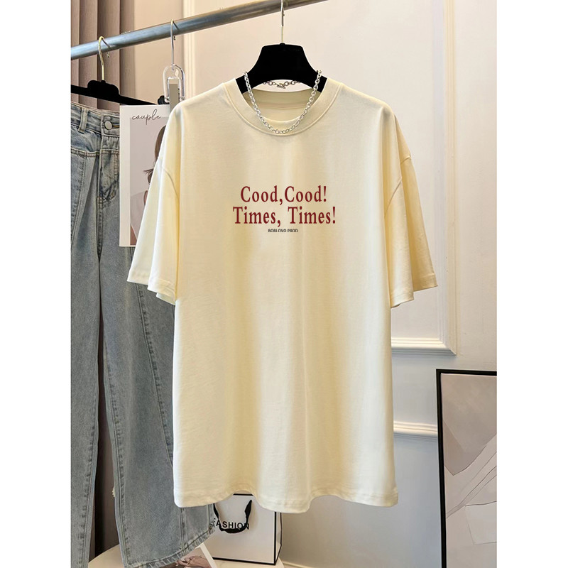 ปลาค็อด200ก สถานียุโรปเสื้อผ้าสตรี 2024 สไตล์ใหม่หลวมกลางความยาวเสื้อยืดสไตล์ตะวันตกรอบคอพิมพ์เสื้อย