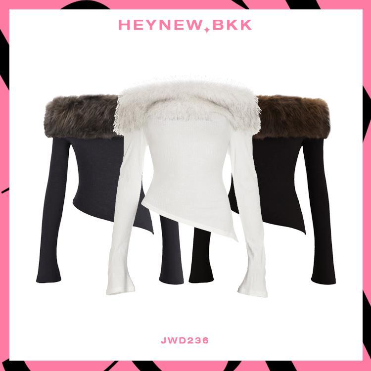 เสื้อพรมหนังแกะแขนยาวปิดไหล่ทรงไม่สมมาตรสำหรับผู้หญิง สไตล์cropped สีขาว เหมาะสำหรับฤดูใบไม้ร่วง - รูปที่ 3