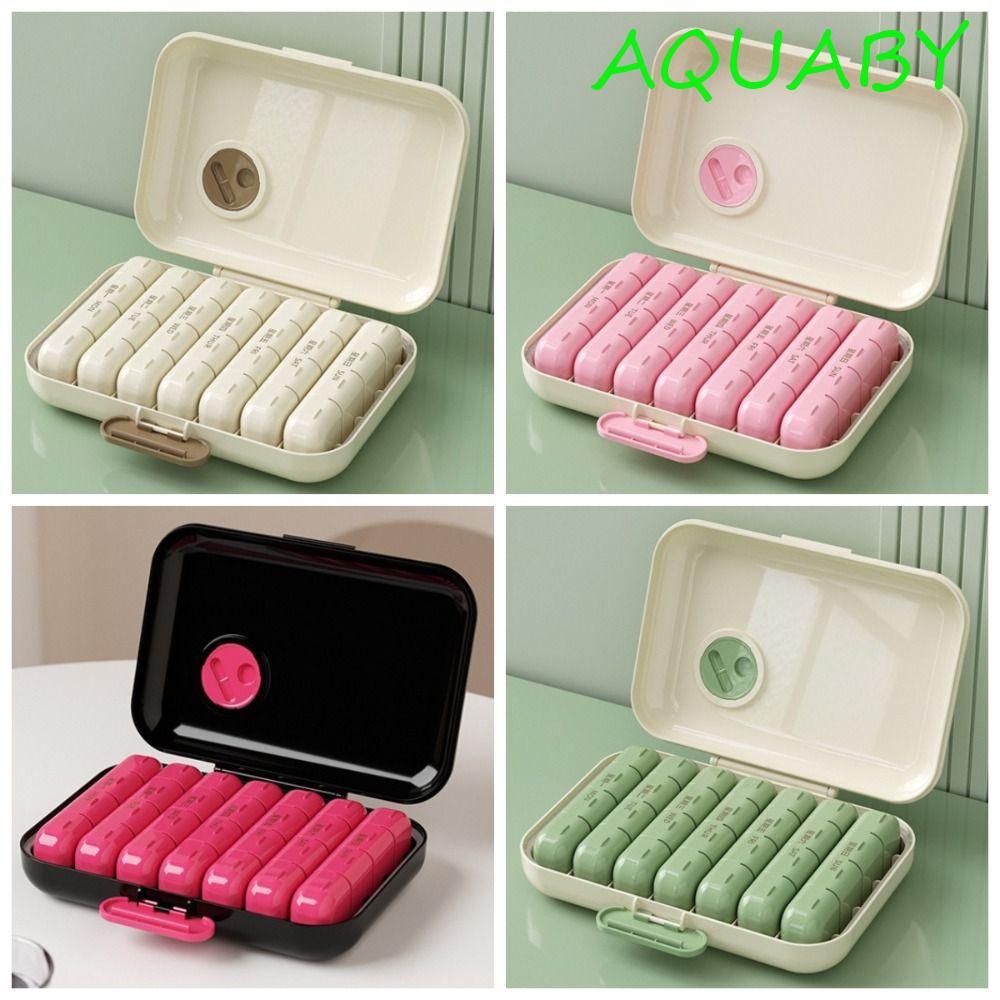 AQUABY ที่เก็บยา 7 วัน, กันฝุ่น 21/28 Grid Daily Pill Box, Multi-function Moisture-proof Week Mark W