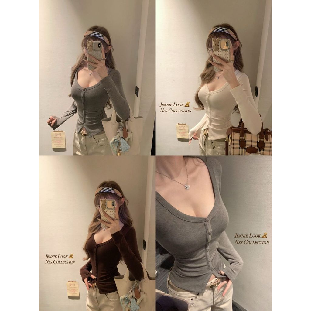 NSS COLLECTION NSS COLLECTION ผู้หญิงเกาหลีแสดงหน้าอกปุ่ม tee ภายใน Slim-fit Bottoming เสื้อ v คอยาว