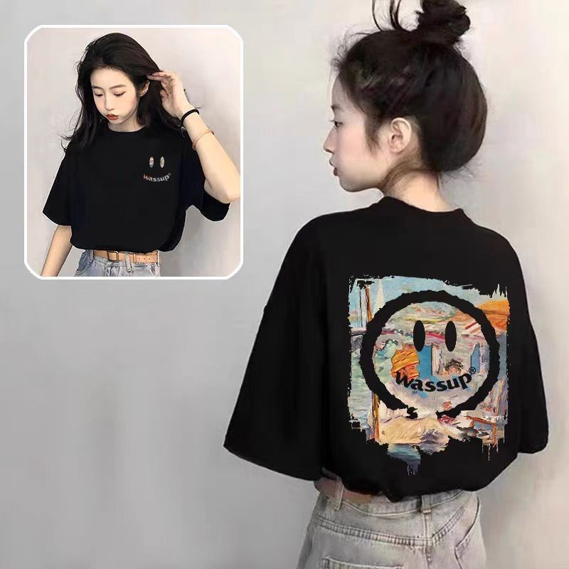 🌟จัดส่งตลอด 24 ชั่วโมง🌟เสื้อยืดผ้าคอตตอน 100% สำหรับผู้หญิง Oversize เสื้อผ้าย้อนยุค เวอร์ชั่นเกาหลี พิมพ์คอกลม แขนสั้น