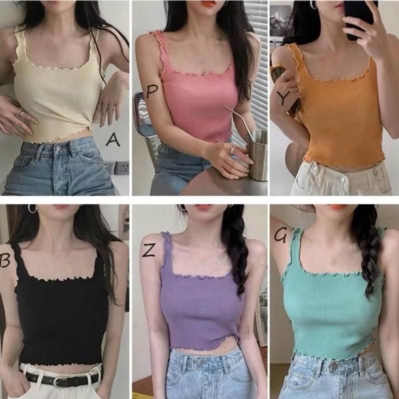 HP77v เสื้อ 2 สายคอยูสีทึบเรียบง่ายสไตล์เกาหลี