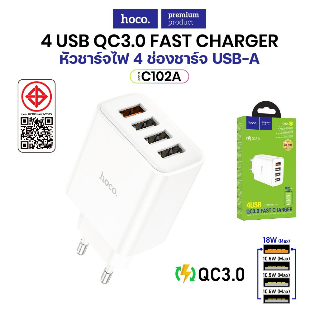 HOCO รุ่น C15 /อะแด๊ปเตอร์3 ช่อง USB 3.0 A / Hoco C102A อะแด๊ปเตอร์ USB 4ช่อง ชาร์จเร็ว