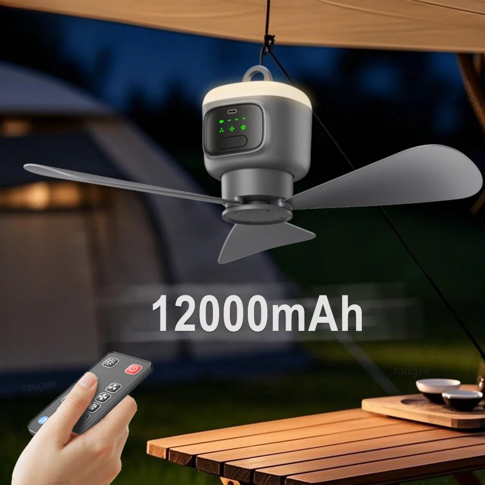 12000mAh แบบพกพาพัดลมเพดานกลางแจ้ง Camping พัดลมเต็นท์ Air Circulator Cooler ชาร์จพัดลมไฟฟ้ารีโมทคอนโทรลไฟ LED