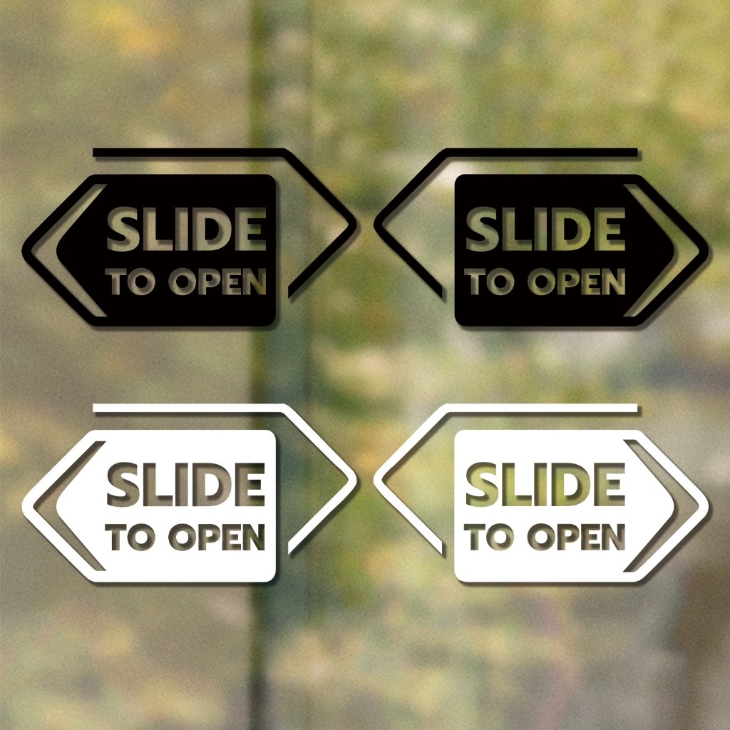 ป้ายเลื่อนข้อความ “SLIDE TO OPEN” แบบภาษาอังกฤษ เป็นสติ๊กเกอร์ไดคัทพื้นใสติดกระจก วัสดุพื้นเรียบไม่เป็นฝุ่น