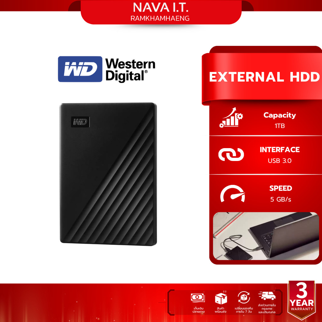 WD HDD External 1TB My Passport USB 3.0 Black [External HDD ฮาร์ดดิสก์พกพา 2.5"]