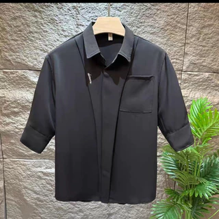 เสื้อเชิ้ตแขนสั้นผู้ชายผ้าไหมน้ําแข็งลายตารางหมากรุกขนาดเล็กระบายอากาศแห้งเร็ว นี้