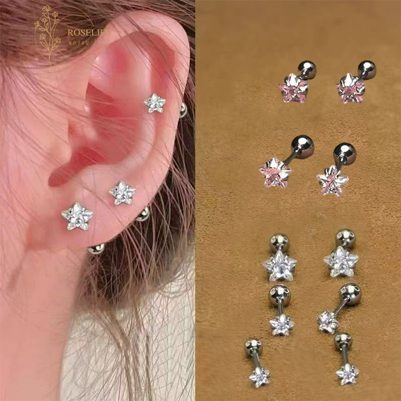 Roselife เกาหลี 1 คู่เงิน Shining คริสตัล Star สกรูต่างหูสําหรับผู้หญิงแฟชั่น Pierced หู Studs เครื่องประดับ