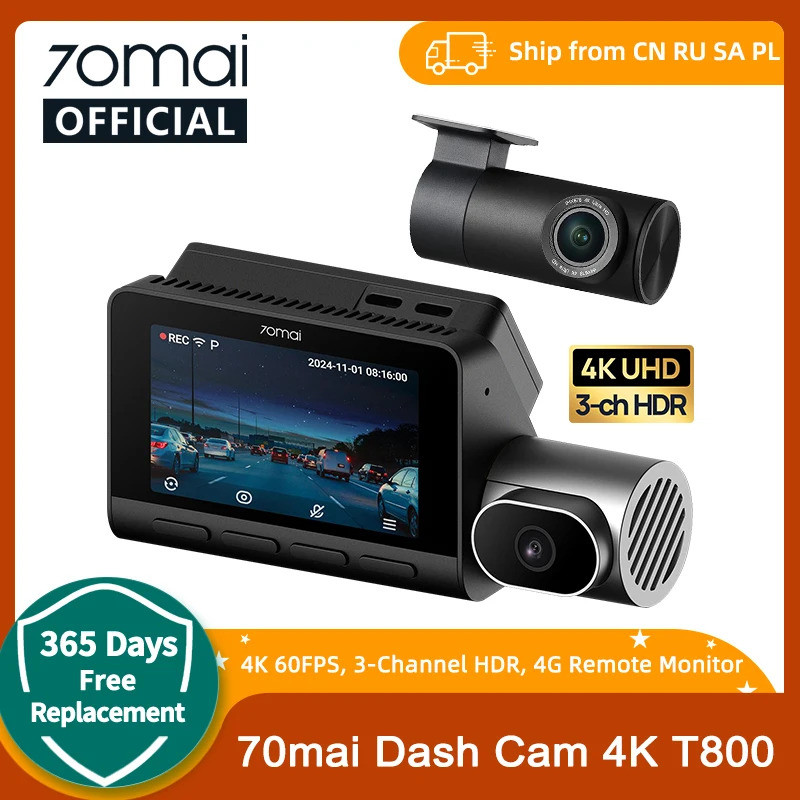 70mai T800 3 ช่อง Hdr รถ Dvr ด้านหน้า 4k + ด้านหลัง 4k/1080p + ภายใน 1080p ควบคุมเสียง Super Capacit