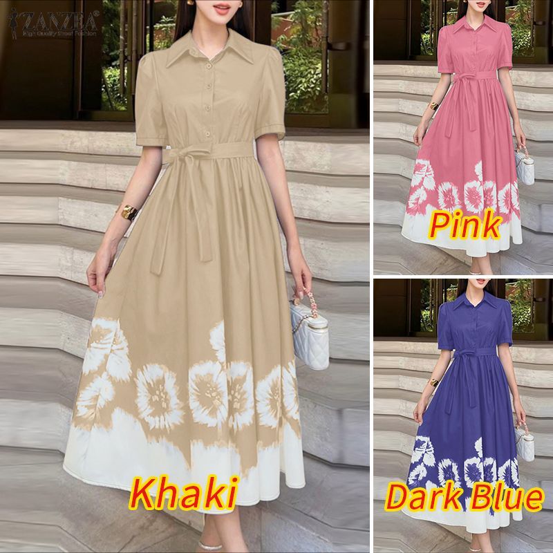 ZANZEA ชุดเดรสเชิ๊ตสำหรับผู้หญิงสไตล์เกาหลี พิมพ์ลายทาย์ได้ แขนสั้น ทรงเอไลน์ — صورة 3