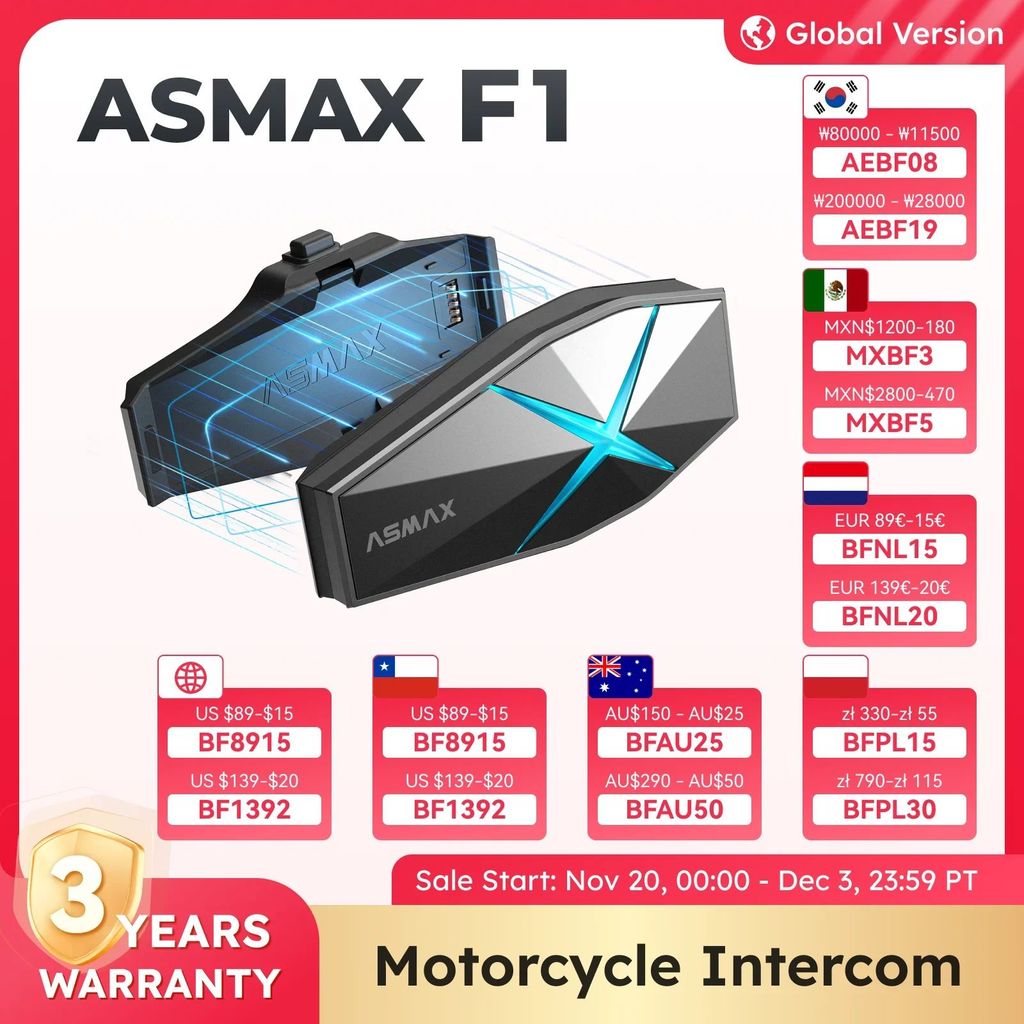 ASMAX F1 Bluetooth Motorcycle Intercom 10-Rider Group การสื่อสาร, คําสั่งเสียง, กันน้ํา IP67, ลําโพง