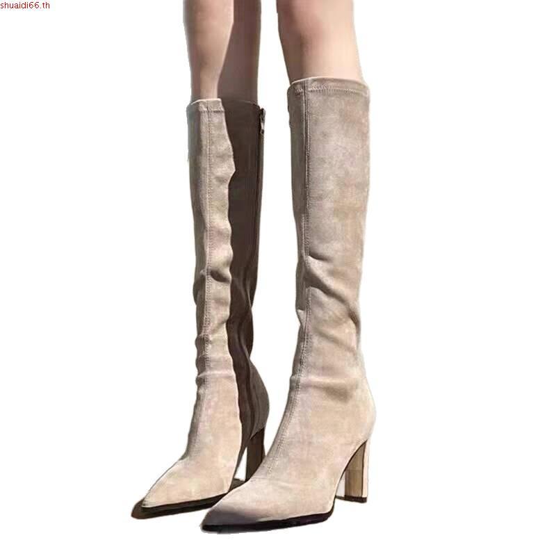 Chole G: Rika Korea Girl Boots รองเท้าบูทยาว บูทเกาหลี กำมะหยี่สีน้ำตาลอ่อน ส้นสูง 8.5cm(SH0182)