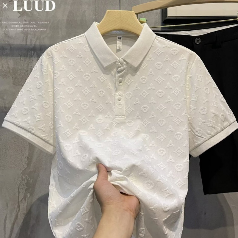 เสื้อโปโลแขนสั้นผู้ชาย 3D นูน Full Leaf เกาหลี Casual Slim-fit Lapel Mens Top