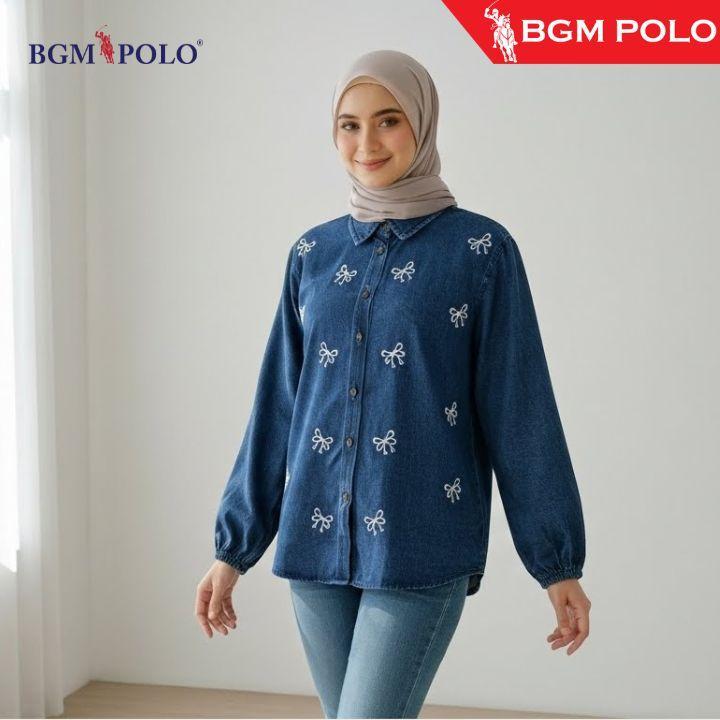 BGM POLO WOMAN DENIM BLOUSE 02 RIBBON (TEBAL) EMBRIODERY FULL BUTTON-BP-DBRE02T469FB-RJ1 เสื้อผ้าเสื