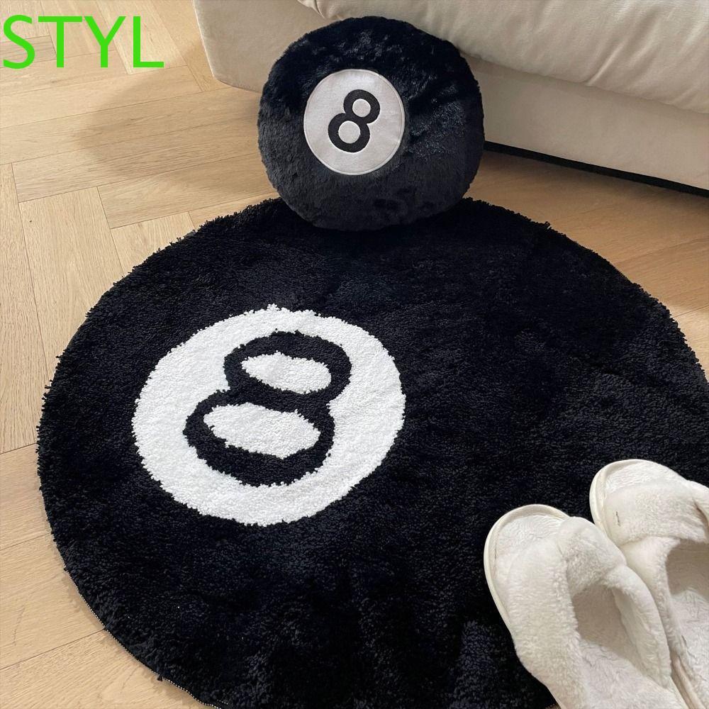 STYL 8 Ball พรม,พรมกันลื่น 8 Ball Rug, Creative Soft Round Black 8 Ball Mat Hoom Decor