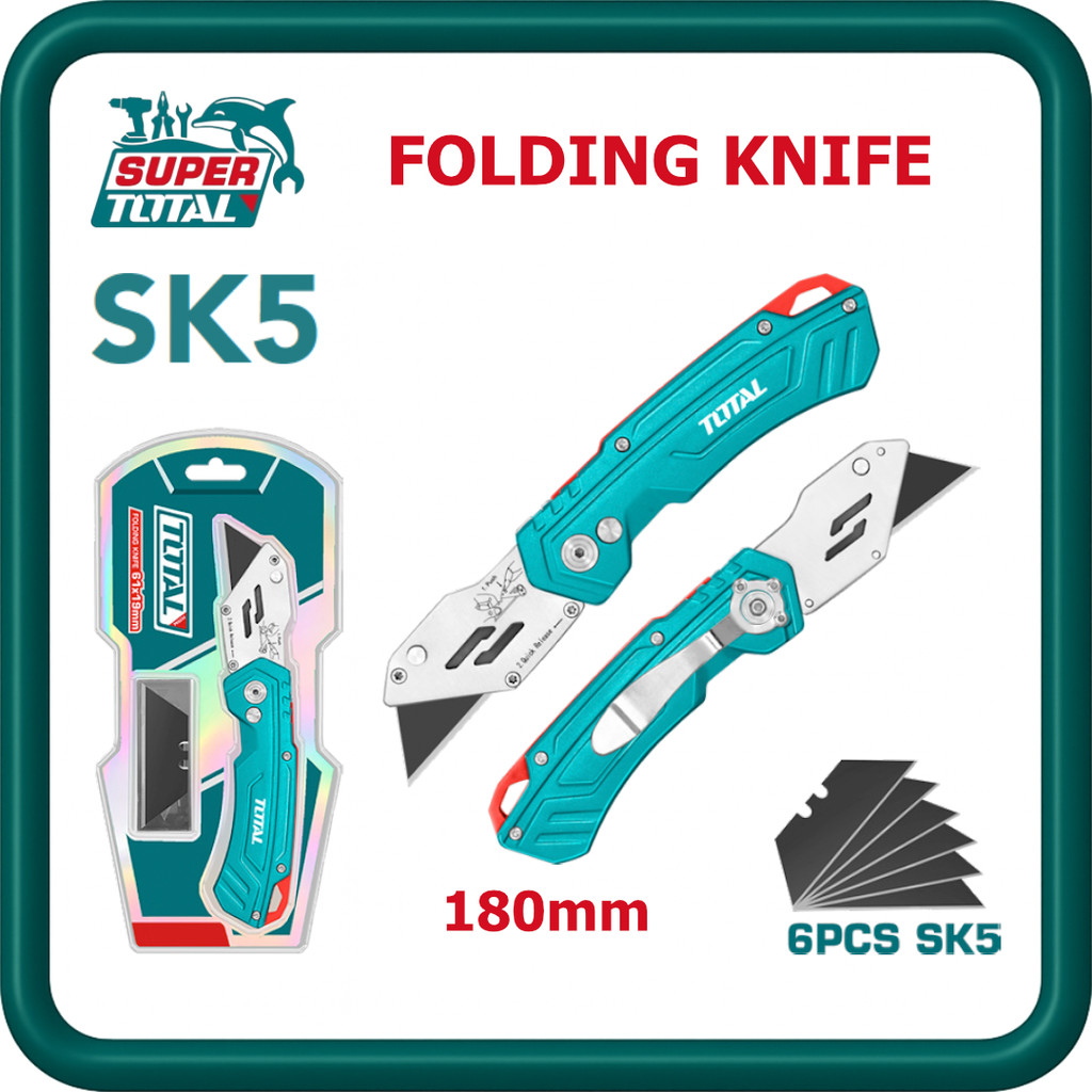 [ TOTAL ] (THT5136288) คัตเตอร์มีดยูทิลิตี้มีดพับ สค5 | 180มม | ใบมีด 19 x 61 มม | ใบมีด SK5 6 ชิ้น