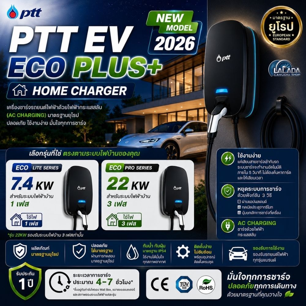 เครื่องชาร์จรถยนต์ไฟฟ้า 7.4KW /22KW HOMEPTT EV ECO PLUS+ Home Charger ชาร์จไว ปลอดภัย กันน้ำ IP55 รอ