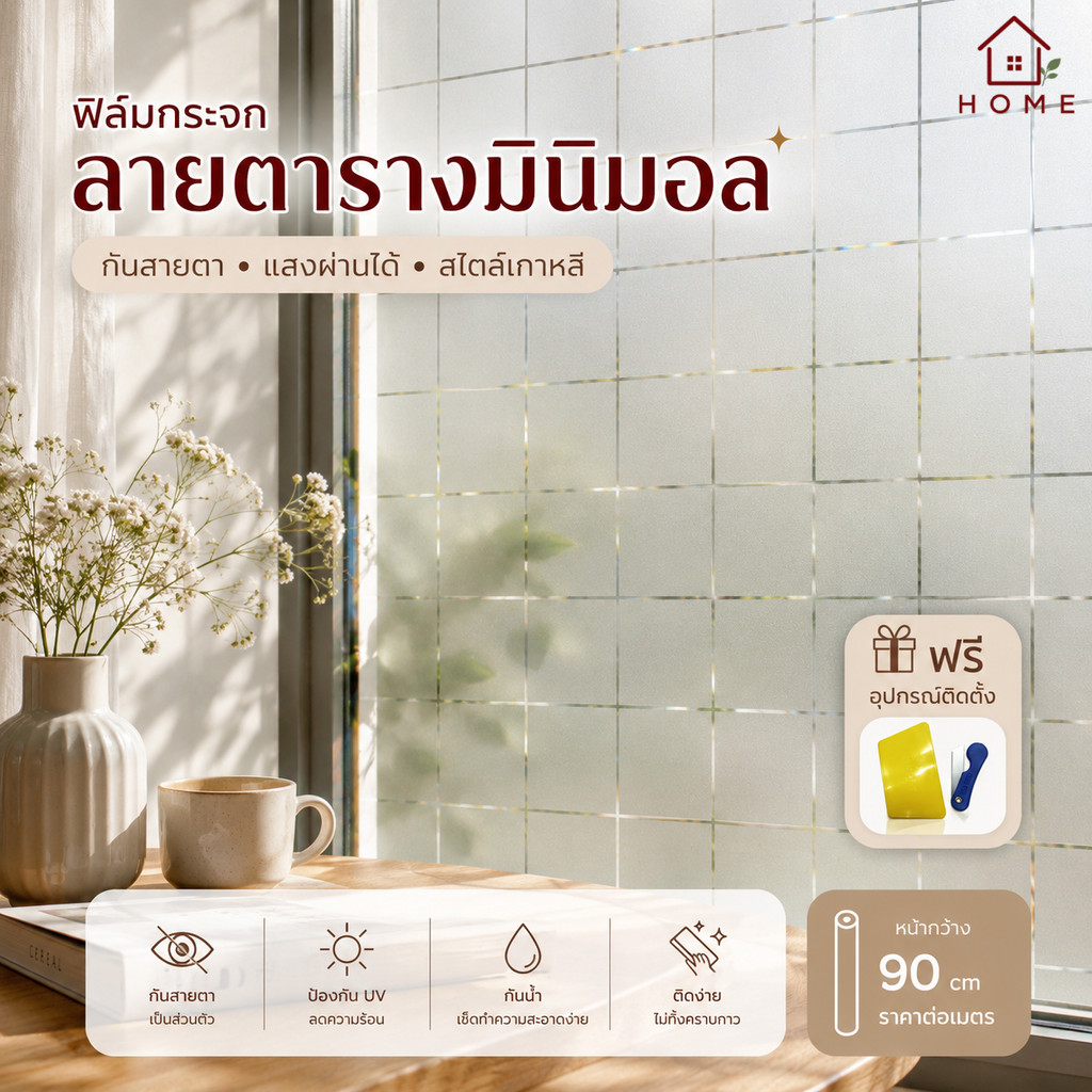 Home007 ฟิล์มติดกระจก ฟิล์มติดกระจกบ้าน ลายตาราง หน้ากว้าง90cm ราคาต่อเมตร ฟิล์มติดกระจกสูญญากาศ Window Film